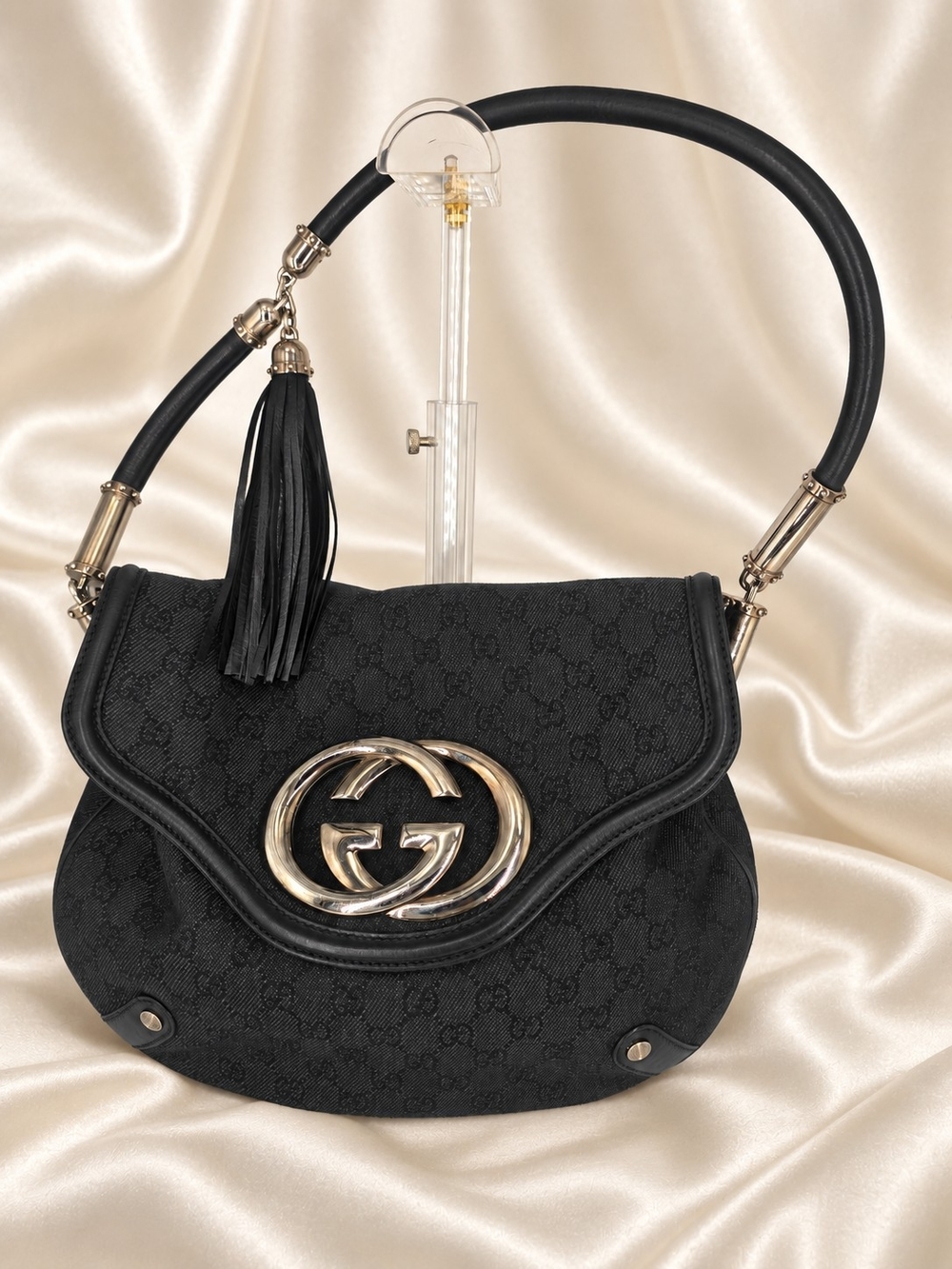 Gucci Britt Black GG Canvas Saddle Shoulder Bag with Gold Double G